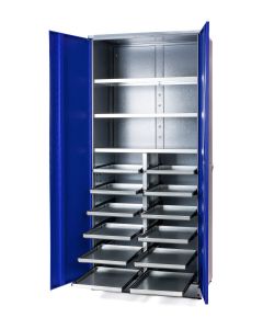 Küpper Materialschrank, Modell 70270, B. 91 cm H. 204 cm, 12 Schubladen für Maschinenkoffer